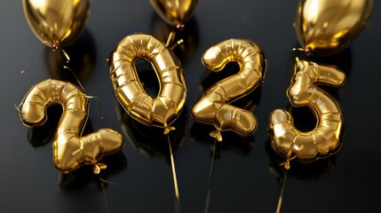 HAPPY NEW YEAR 2025 - Festive silvester party celebration holiday, new year's eve concept greeting card background - Golden year number date balloons lying on a table, top view