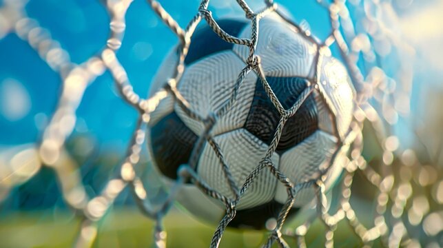 A soccer ball hits the net, capturing the excitement of the game. Bright blue sky and green field in the background.