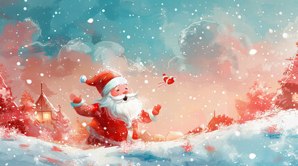 Joyful Santa Claus in Snow - Santa Claus spreading joy in a snowy landscape with trees and a festive sky, capturing holiday magic.