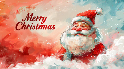 Santa Claus with Merry Christmas Text for Cards - Santa Claus joyfully greeting with "Merry Christmas" text, set against a snowy sky, ideal for Christmas cards.