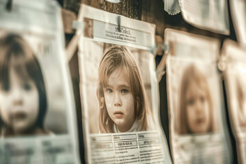 A closeup of missing children posters on a bulletin board, with a central image, reflects the communitys hope and awareness in the search for the kids