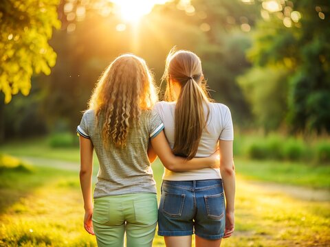 Zwei beste Freundinnen in der Natur mit warmem Sonnenlicht - Liebe und Vertrauen - Junge Frauen - M&auml;dchen
