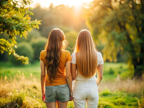 Zwei beste Freundinnen in der Natur mit warmem Sonnenlicht - Liebe und Vertrauen - Junge Frauen - M&auml;dchen