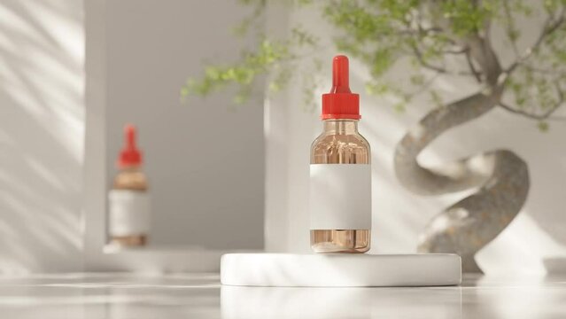 3d render of Realistic glass cosmetic bottle design with dropper on white background.