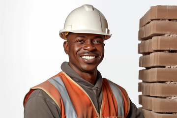 Smiling men bricklayer in work clothes on white background. Mason at work. Black men. African American man. Job. construction company. AI	