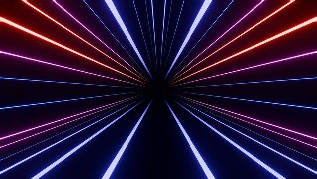 Abstract background Dynamic and colorful light streaks converge in a dark, abstract background, creating a sense of movement and speed.  neo, sci-fi, hi-tech, technology, black motion loop