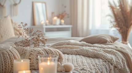 A bedroom with a candle and a mirror cozy ambiance