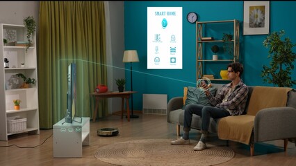 Modern Living Room with Man Using Smart Home Technology