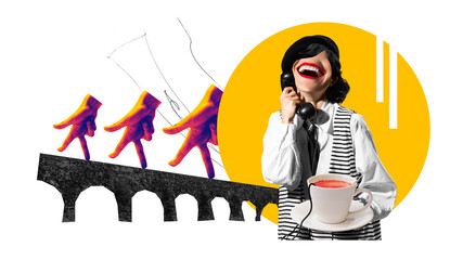 Contemporary art collage. Woman in vintage outfit with beret, stands joyfully talks on retro phone and cup of colorful drink against bridge wit walking fingers. Concept of adventures and travelling.