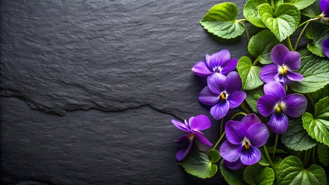 Beautiful Purple Flowers On A Black Stone Background.
