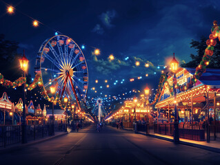 Fototapeta premium Photo of a nighttime outdoor amusement park, music festival, neon colors, Ferris wheel, concert