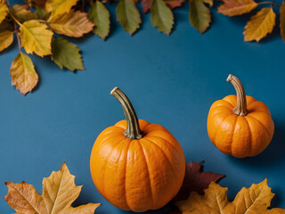 Blue background with pumpkins and autumn leaves, Thanksgiving Day holiday concept design