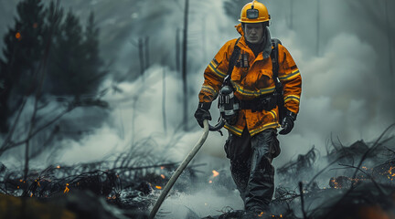 A tired firefighter, with his firefighter uniform, black pants with refractory, on a firefighting mission, smoke is seen behind him while He runs with the hose in his hand. Generative AI.