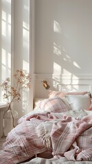 Cute and cozy home bedroom interior with unmade bed, pink plaid and cushions on empty white wall background