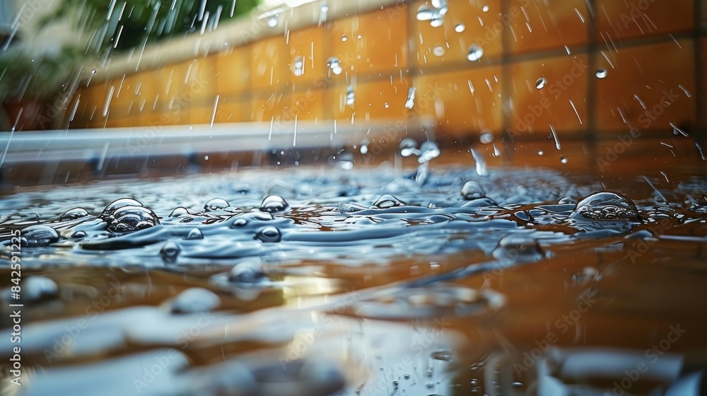 Poster A close-up scene of a dripping faucet creating splashes on a laminate floor, showing reflections in the water puddle. Generative AI.