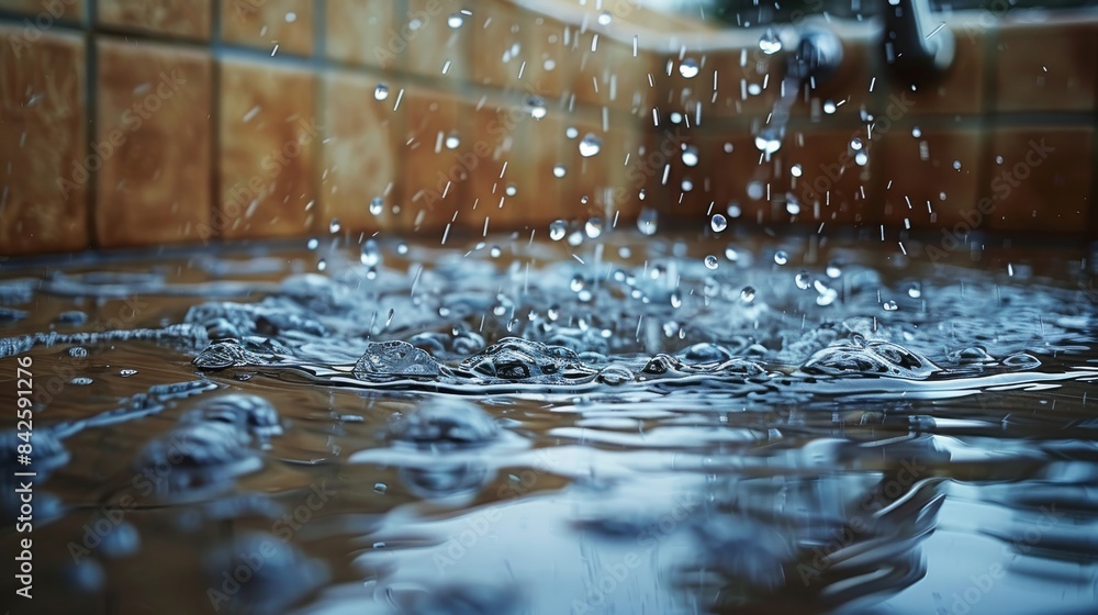 Aufkleber A close-up scene of a dripping faucet creating splashes on a laminate floor, showing reflections in the water puddle. Generative AI.