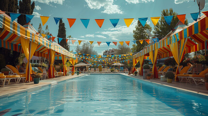Summer outdoor waterpool decorated for a holiday, festival, decorative ornaments, flags, garlands, flowers, alleys, fairgrounds