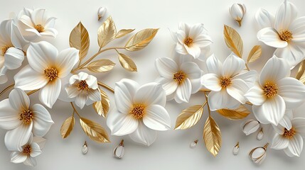 White flowers with golden leaves on white background. White and golden luxury 3d floral background