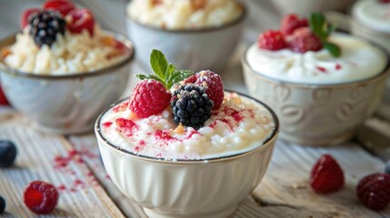 Rice pudding with fresh berries and flowers in a ceramic bowl. Healthy breakfast