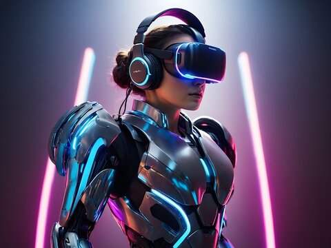 futuristic robot wearing a vr headset in a room with neon lights