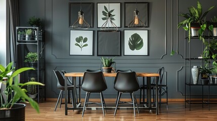 Elegant dining room interior with dark panel walls and modern decor.