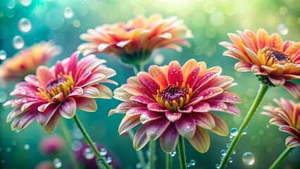 Fototapeta premium Stunning close-up of colorful gerbera daisies with water drops on the petals against a blurred background.