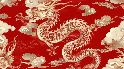 Obraz premium Golden dragons on red background. Traditional Chinese style illustration.