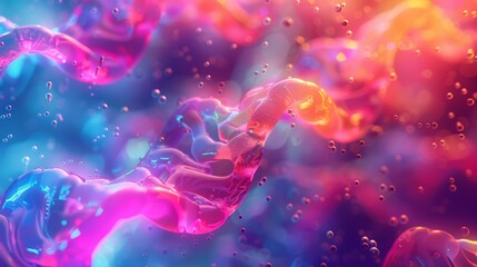 Abstract Colorful Swirling Liquid with Neon Glow and Floating Bubbles