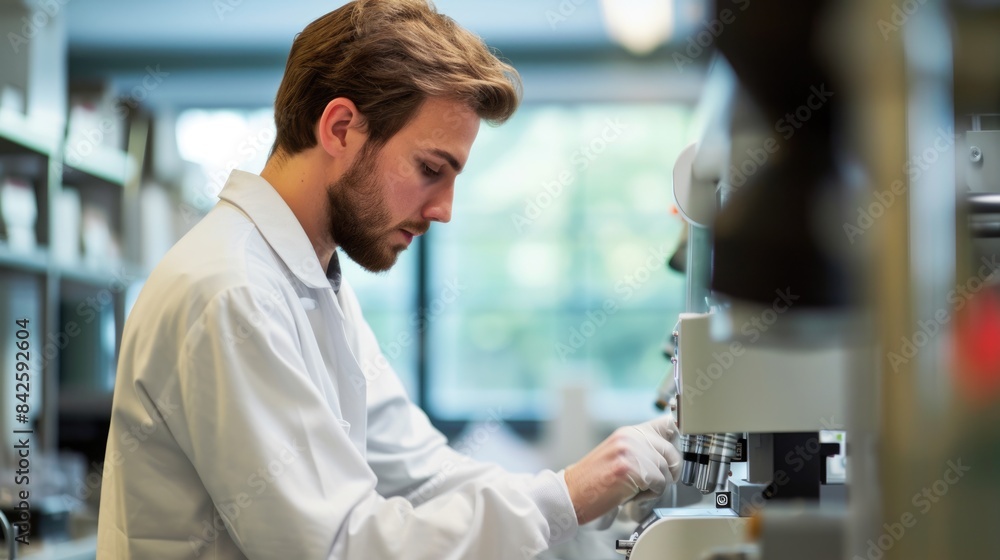 Aufkleber an engineer is conducting experiments in a science lab, wearing a lab coat. aig41