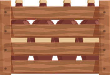 Six bottles in a wooden crate are ready to be shipped, stored, or sold by a brewery or distributor