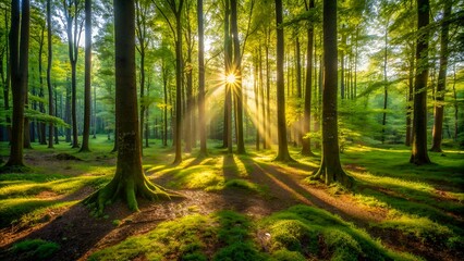 Obraz premium The Sun Shines Through The Tall Trees Of A Lush Green Forest, Creating A Magical Atmosphere.