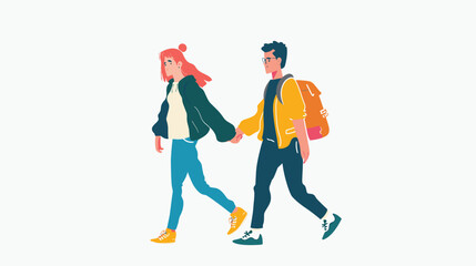 Young couple walking together holding hands, contemporary style. Man woman casual outfits, illustrated minimalist aesthetic. Two characters shown plain background, expressing connection togetherness