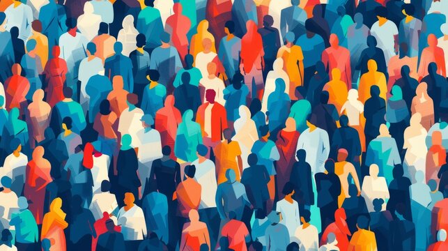 Colorful Urban Crowd Illustration in Cityscape. World Population Day