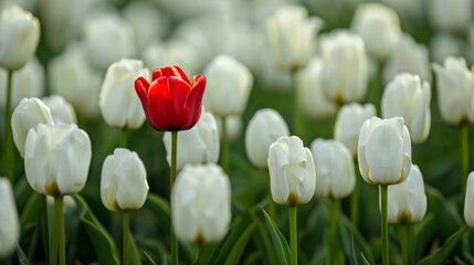 Single red tulip standing out among white tulips in a field.