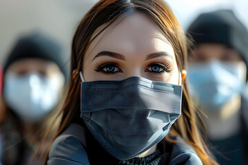 In public people wear face masks for safety health and community wellbeing. Concept Safety, Health, Community Wellbeing, Face Masks, Public Regulations