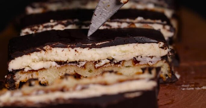 cottage cheese cake with cherry in chocolate, sweet dessert with cherry flavor