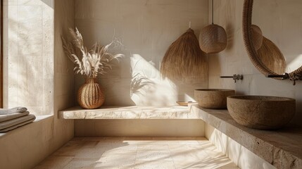 Warm, minimalist bathroom, wood and stone, wicker lamp, round mirror, beige floor tiles, natural light, cozy atmosphere