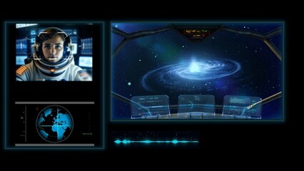Futuristic Space Mission Control Interface with Astronaut and Rocket Launch Generate AI
