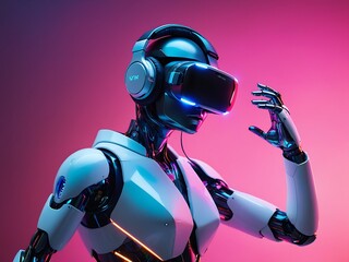 futuristic robot wearing a vr headset in a room with neon lights