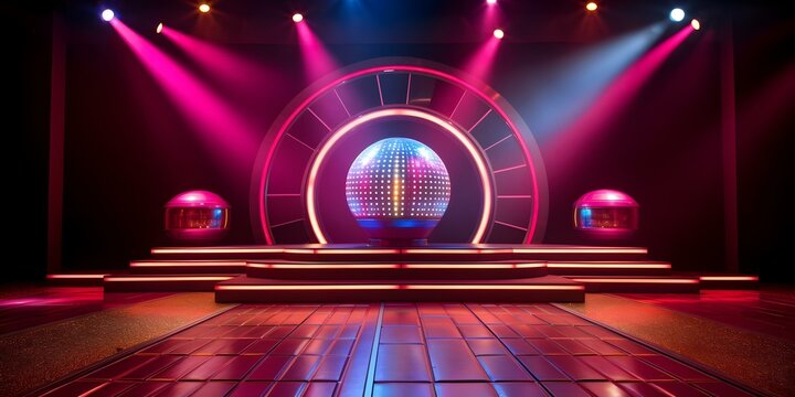 1970s disco stage with shimmering disco ball and neon lights. Concept Disco Ball, Neon Lights, 1970s Fashion, Glamorous Stage, Shimmering Decor