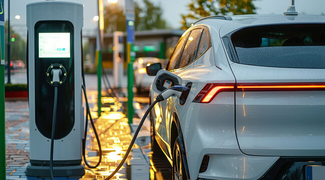 A white electric vehicle is charging at the charging station. Generative AI.
