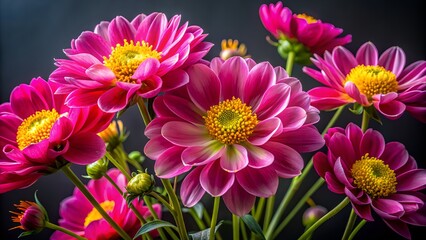 Fototapeta premium Stunning Close-Up Of A Bouquet Of Pink Dahlia Flowers With Yellow Centers Against A Dark Background.