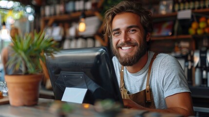 A merchant smiling behind his computer because his business is making so much more money now that they hired people to manage the businesses automations and digital marketing. Generative AI.