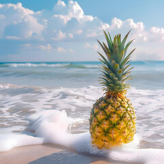 Floating pineapple on the beach.