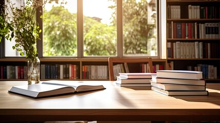 Fototapeta premium white table with books, stationery and copy space in blurred study room