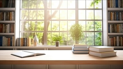 Fototapeta premium white table with books, stationery and copy space in blurred study room