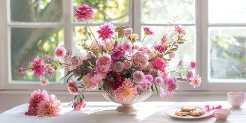 pink and purple rose hellebore boho flower arrangements glass crystal vase, ai