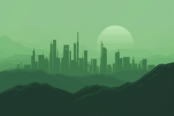 Fototapeta premium silhouette of a futuristic solarpunk city landscape on a hunter green background