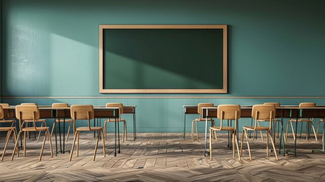 Empty Classroom with Green Walls, Wooden Desks, and a Blackboard for Educational or Back to School Themes.