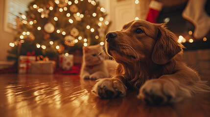 Puppy and Kitten at Christmas - A puppy and a kitten on the floor beside a Christmas tree.